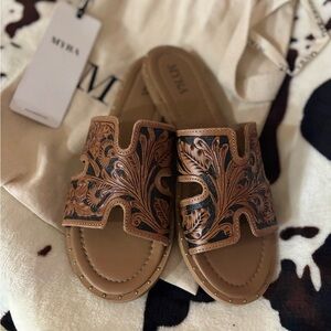 Myra Brown and Black Floral Sandals with Bag